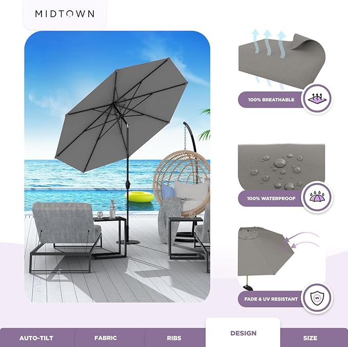 Midtown Umbrellas 10-Year-No-Fade - 10 Ft - UV Proof Charcoal Grey Polyester Fabric - Umbrella Outdoor Patio, Aluminum Frame Large Patio Umbrella for Garden, Pool & Deck - Black Pole