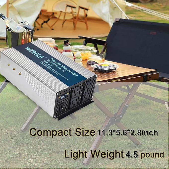 WZRELB 1800W Pure Sine Wave Inverter 24V DC to 110V 120V AC,Car Power Inverter with 4 AC Outlets, LED Display,Off-Grid Portable Power Converter for Home, RV, Truck, Camping