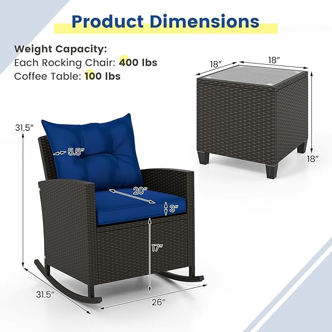 ORALNER 3 Pieces Patio Furniture Set, Outdoor Wicker Rocking Chairs with Soft Cushions, Glass Coffee Table, Rattan Conversation Bistro Set for Front Porch Balcony Garden Deck Poolside (Navy)