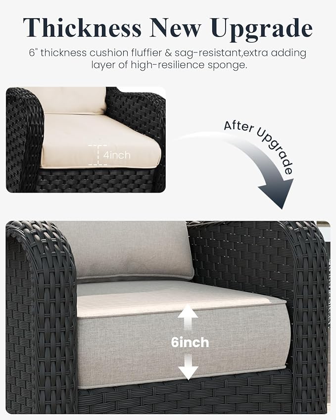 LayinSun 3 Piece Wicker Outdoor Furniture Set with 6-inch Comfy Cushions, High Back Patio Furniture Set with Swivel Rocking Chairs and Side Table