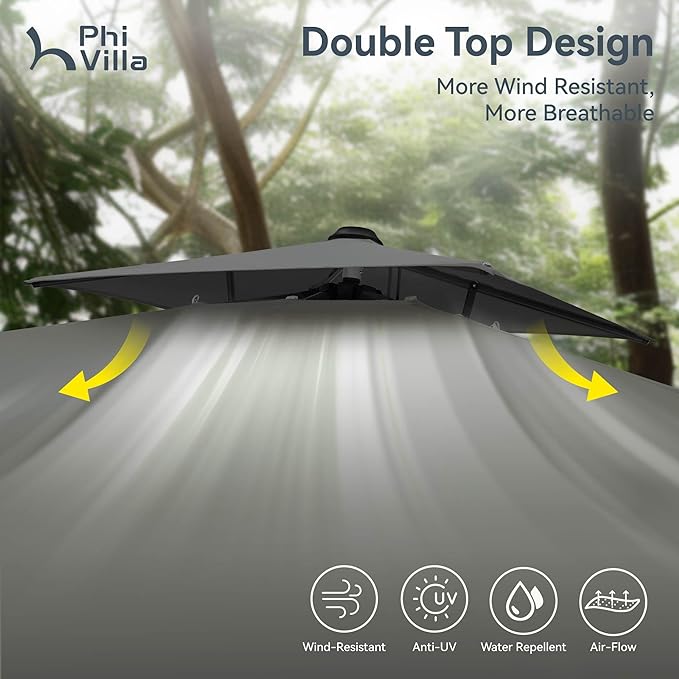 PHI VILLA 10ft Cantilever Patio Umbrella, Outdoor Large Square Umbrellas with 360°Rotation, Heavy Duty Hydraulic Double Umbrella Windproof for Outside, Pool, Deck, Garden, Porch, Grey(No Base)