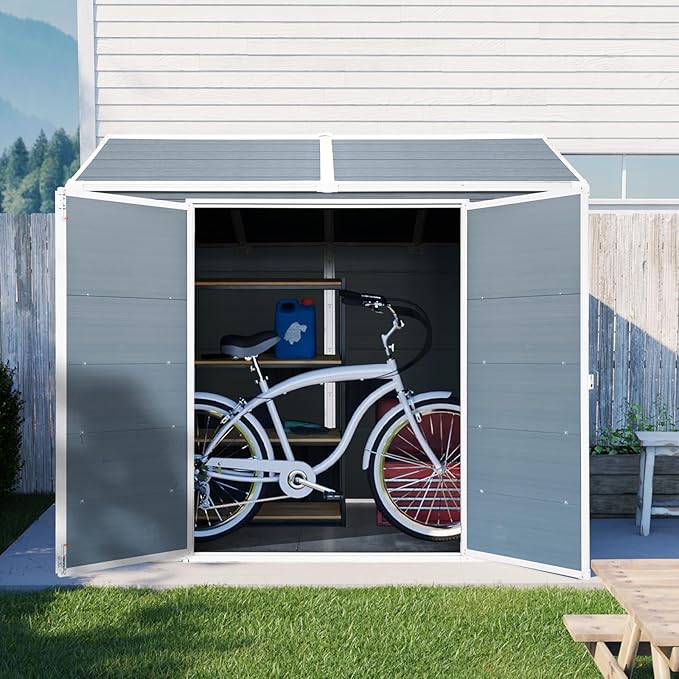6x8ft Resin Outdoor Storage Shed with Floor, Two Windows & Lockable Door – Durable Weather-Shed for Backyard, Patio, Garage (Grey) (1 Doors)