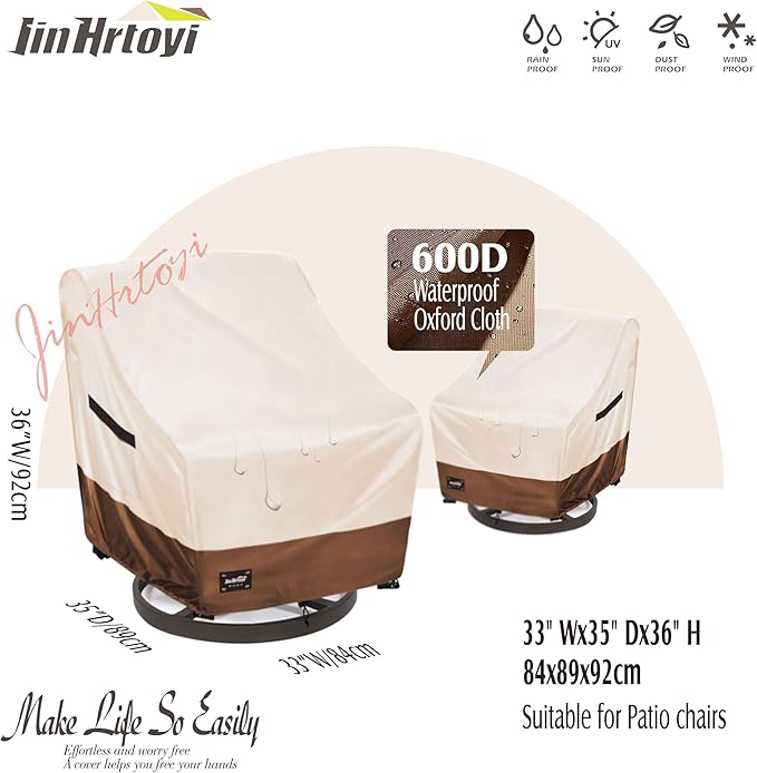 Outdoor Chair Covers 2 Pack, (33W x35D x38H inches)100% Waterproof Heavy Duty Patio Furniture Covers ,Outdoor Furniture Covers Waterproof for Patio Chair Covers,Beige&brown