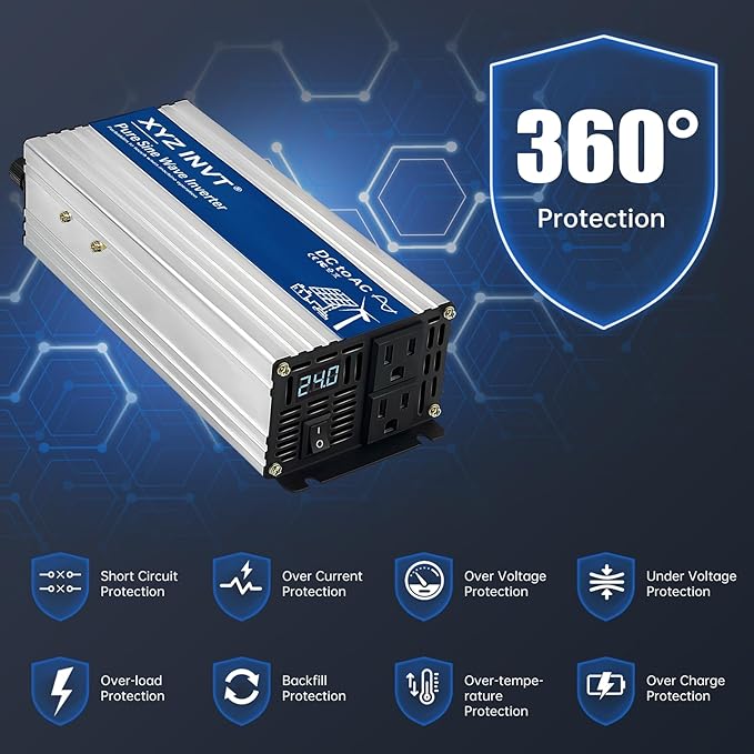 800W Pure Sine Wave Power Inverter DC 24V to AC 110V/120V, 1600W Peak, Car/Truck Power Converter for Solar, Home, Vehicle & Rechargeable Devices with LED Display