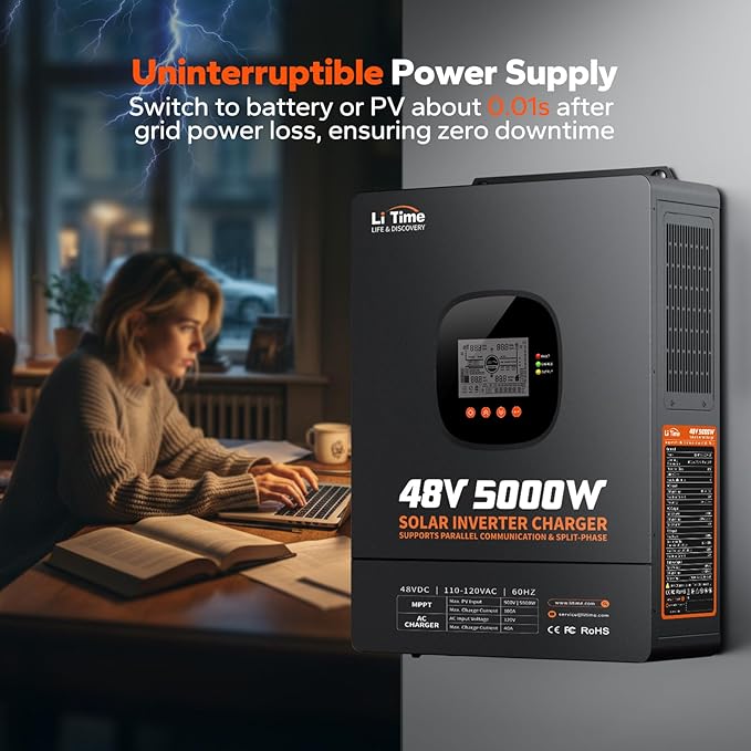 LiTime 5000W Pure Sine Wave Inverter, 48V DC to 120V AC Solar Hybrid Inverter Charger, Parallel Split-Phase for 240V, Build in 100A MPPT Solar Charger Controller for Home Backup, Off-Grid, Farm
