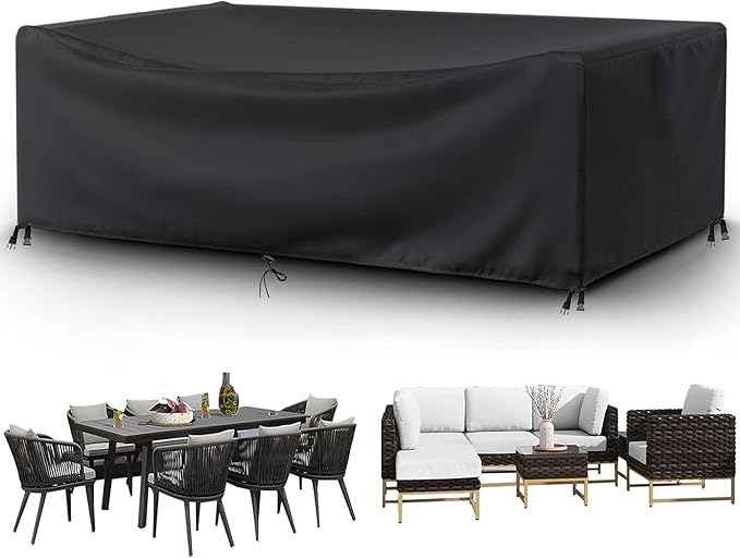 Patio Furniture Covers Outdoor Table Cover Waterproof Rectangular 420D Garden Dining Table Cover Wind Dust Proof Anti-UV Patio Sectional Couch Cover Table and Chair Set Covers 108"Lx82"Wx28"H Black