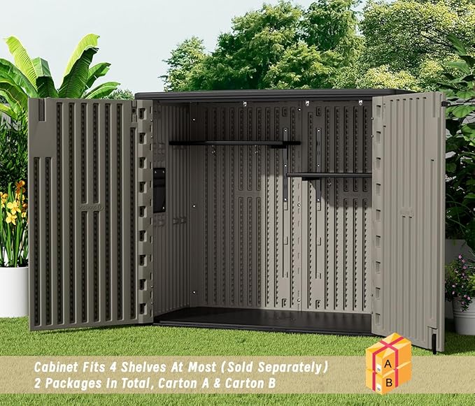 KINYING Outdoor Horizontal Storage Sheds,Outdoor Storage Cabinet Waterproof Resin Tool Storage Box for Lawn Mower,Garden Tools and Patio Furniture, Lockable (Brown)