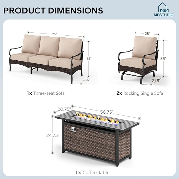 MFSTUDIO 4 Pieces Outdoor Patio Furniture Set, Metal Outdoor Conversation Set, Rattan Wicker Patio Sectional Set with 2 x Rocking Single Sofa, 3-Seat Sofa, 1 x Fire Pit Table, Beige