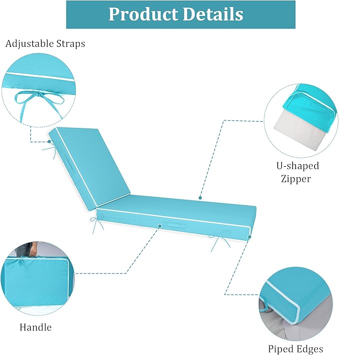 Chaise Lounge Cushions Outdoor Furniture 80 x 26 Inch Patio Lounge Chair Cushions 4'' Thick Waterproof Outdoor Chaise Cushion Weather Resistant Pool Lounger Cushion(Lake Blue)