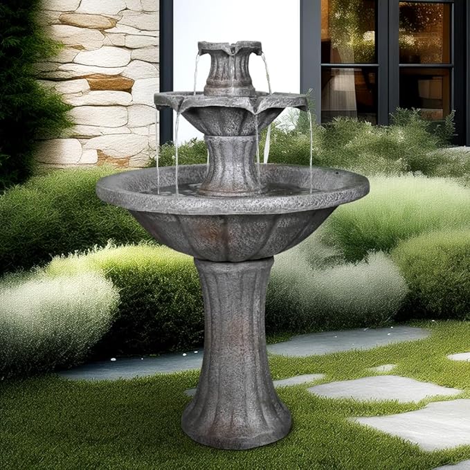 Marble Finish Concrete Outdoor Water Fountains 2-Tier Decor Dark Castle Designed 41.7" H Waterfall Fountains for Yard, Garden, Deck, Patio, Backyard, Porch, Lawn