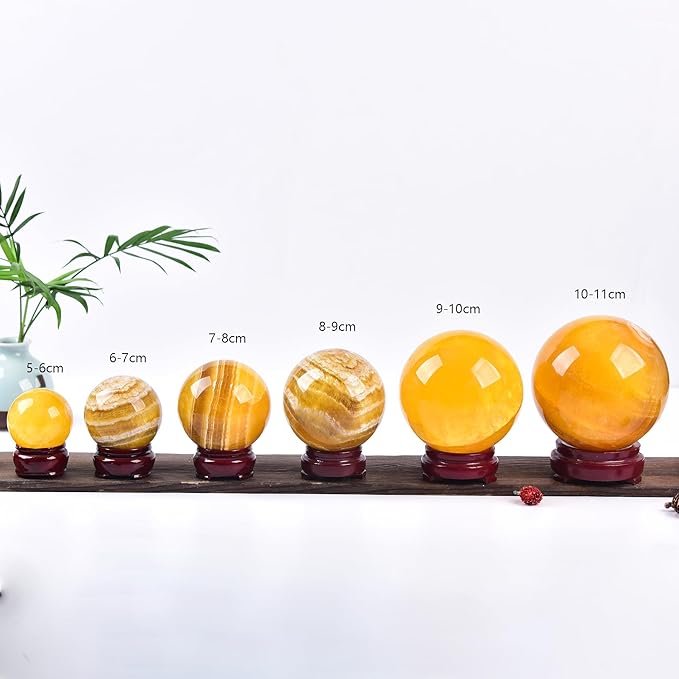 JIC Gem Large Yellow Fluorite Crystal Sphere with Stand Gemstone Decorative Ball for Home Decor Altar Reiki Crystal Gift 80-90mm
