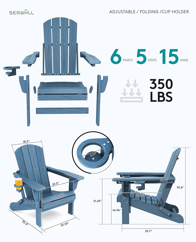 SERWALL Folding Adirondack Chair Set of 8, Adjustable Adirondack Chair with 3 Recline Positions, All Weather HDPE Outdoor Adirondack with Cup Holders, Blue