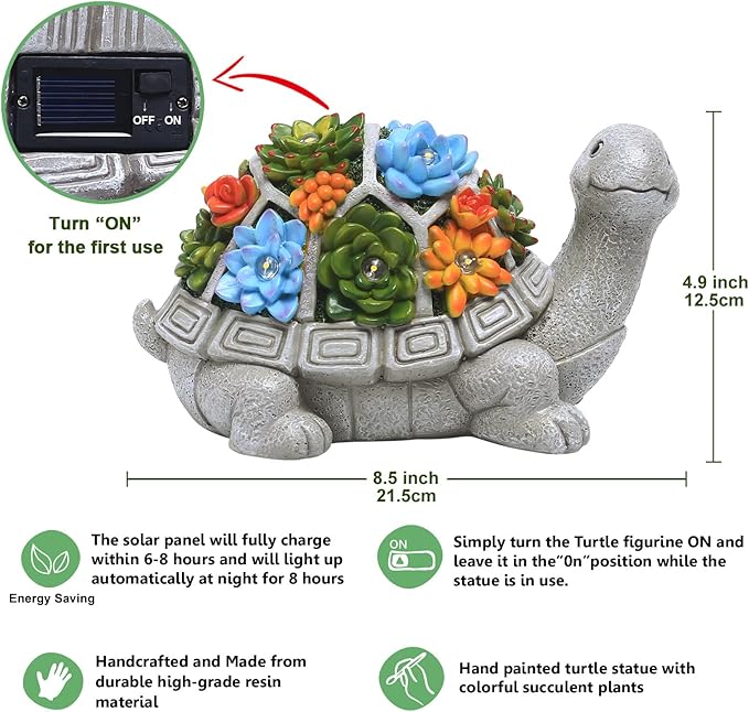 Nacome Garden Outdoor Statues Turtle with Succulent and 7 LED Lights - Lawn Decor Tortoise Statue for Patio, Balcony, Yard Ornament - Unique Housewarming Gifts