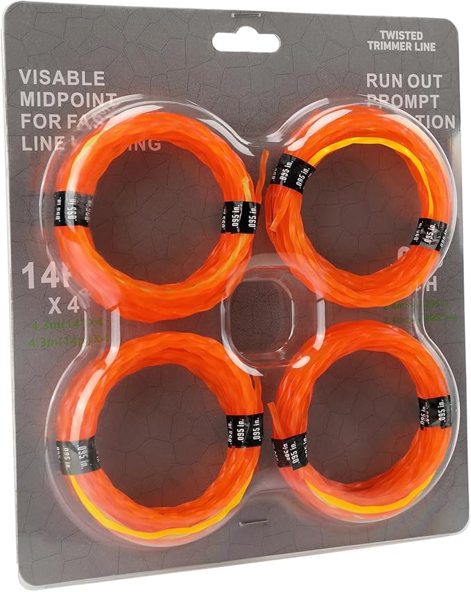 4-Pack 095 Trimmer Line Heavy Duty, Professional Twisted Weed Wacker String for Gas and Electric Grass Trimmer and Brushcutters, Pre-Cut Dual Color 3-section Fast-positioning Twisted Trimmer Line 14FT