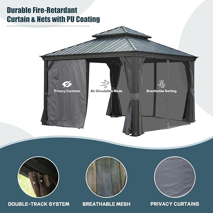 Domi 12' X 16' Hardtop Gazebo Outdoor Metal Gazebo with Galvanized Steel Double Roof Canopy, Aluminum Frame, Curtains and Netting for Patio, Deck, Garden, Grey