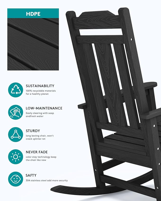 SERWALL Outdoor Rocking Chair, All Weather Patio Rocking Chair, HDPE Poly Rocking Chair for Adults, Heavy Duty Front Porch Rocker, Black