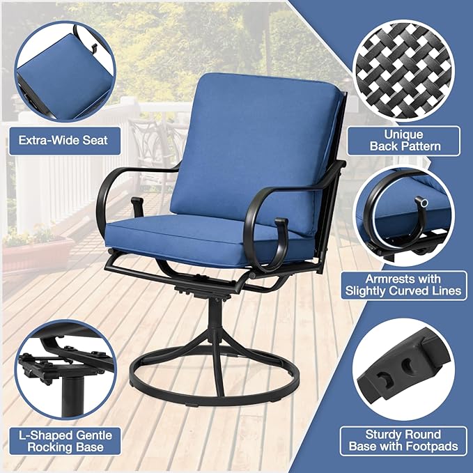 MELLCOM Patio Swivel Chair Set of 8, Heavy Duty Outdoor Dining Chairs with Thickened Cushions, Metal Patio Chairs Gentle Rocker for Outside, Garden Lawn & Porch, Backyard, Blue