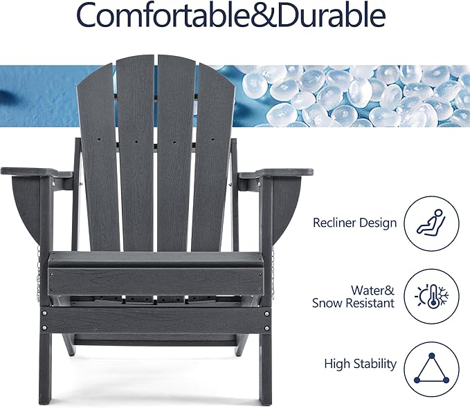Folding Adirondack Chair, HDPE Outdoor Texture Lawn Chair with Reclining Back, Cup and Phone Holder - Comfortable Firepit Chair Weather Resistant for Patio or Backyard (Grey, Set of 2)