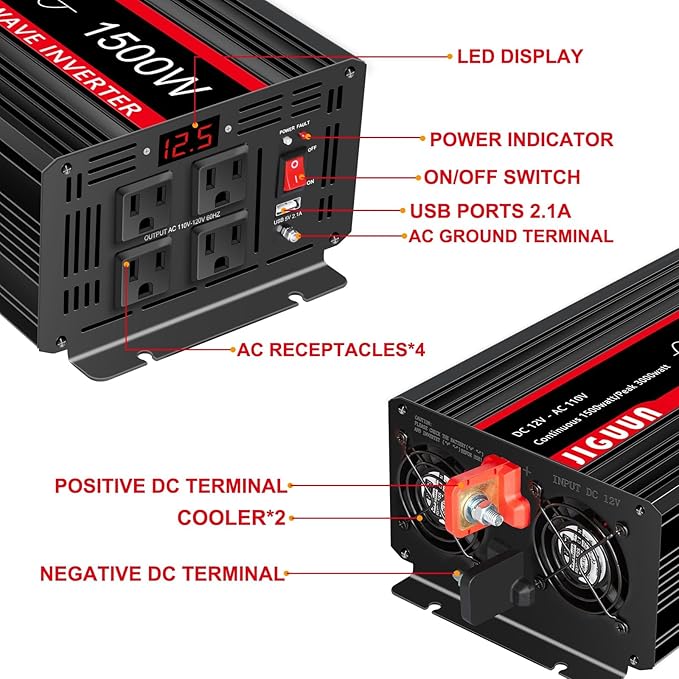 JIGUUN 3000W PeakPure Sine Wave Power Inverter 1500 Watt,12v DC to 110/120v AC Inverter 3 AC & USB Output,Power Converter LED Display for Home RV Camping Outdoor Car Truck