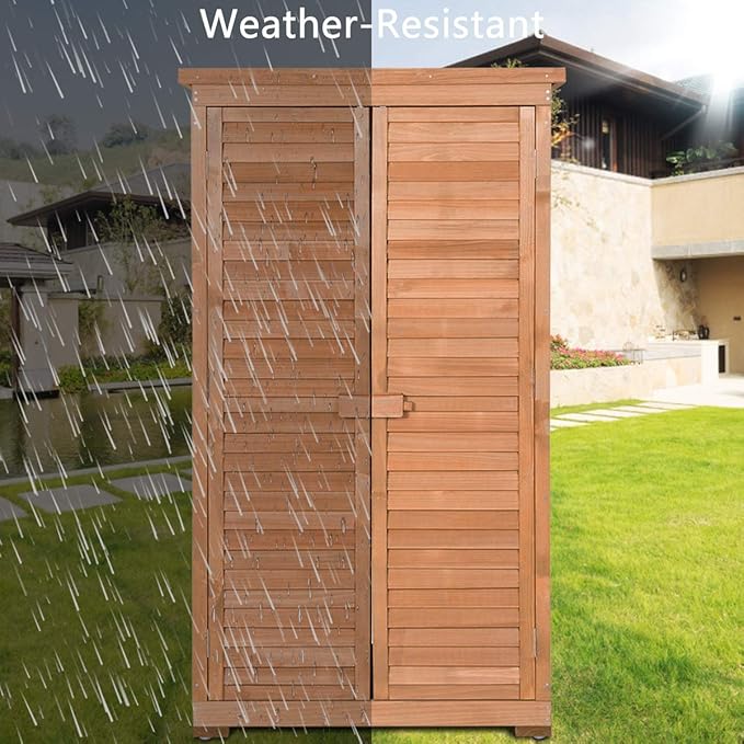 Goplus Outdoor Storage Cabinet, Wooden Storage Shed with Latch, Detachable Shelves & Weather Resistant Pitch Roof, Vertical Garden Tool Organizer for Outside Yard Patio Deck