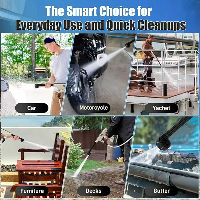 Cordless Pressure Washer, Portable Power Washer, 4.0Ah Battery Powered with Dual Water Source, 6-in-1 Nozzle, 16ft Detachable Hose, Efficient and Long-Lasting, Designed for Light-Duty Tasks