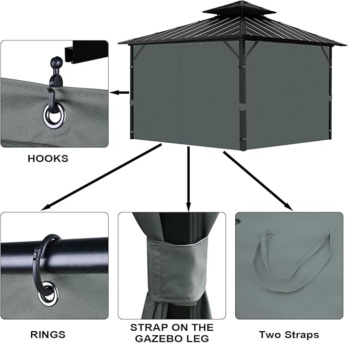 Gazebo Universal Replacement Privacy Curtain, 10'X10' Gazebo Curtain Outdoor Waterproof, 4-Panels Sidewall Curtains with Zipper for Patio, Garden and Backyard (Only Curtains, 10'x10', Grey)