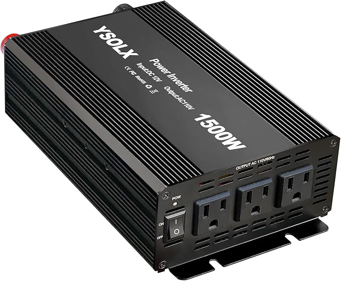 YSOLX 1500W Power Inverter 12V to 110V，Dc to Ac Inverter 3 AC Outlets，1500 Watt Inverter for Hurricanes, Power Outages，RV, Camping
