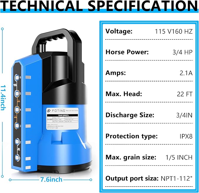 FOTING Sump Pump 3/4HP Automatic Submersible Water Pump 4 Mode, 2400GPH Thermoplastic Electric Portable Transfer Water Pump for Swimming Pool Garden Pond Basement with 16ft Long Power Cord