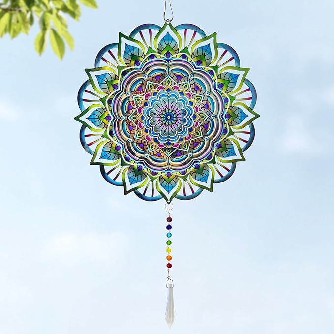 Mandala Wind Spinners Outdoor with Gazing Ball Spiral Tail, Marzovitra Stainless Steel 3D Kinetic 10 Inch Garden Decor for Patio, Home or Yard Decorations Outdoor Hanging Yard Art Metal Wind Sculpture