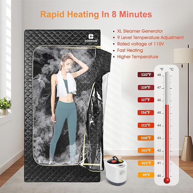 COSVALVE Sauna Box, Portable Steam Sauna for Home, Indoor Sauna Full Body Personal Sauna with XL Steamer 9 Levels, Fast Heating and Energy Saving, 2.6' x 2.6' x 5.6'