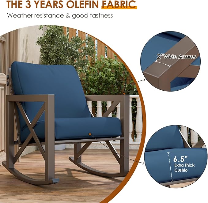 Outdoor Rocking Bistro Set, Patio Rocking Chairs Set of 2 with Coffee Table, 3 Pieces Metal Conversation Sets with 6.5" Thick Cushions for Backyard, Porch, Poolside, Oversized (Blue)