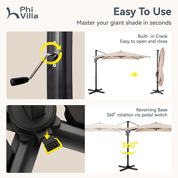 PHI VILLA 9'x 12' Patio Umbrella with Easy-Using Handle, 360° Rotation & 6-Level Tilt , Cantilever Aluminum Rectangle Outdoor Offset Umbrella for Deck, Pool, Garden Windproof & Crashproof (Beige, No Base)