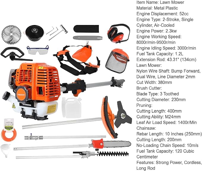 5 in 1 Weed Wacker Gas Powered, 52CC 2-Stroke Gas Weed Trimmer, Gas String Trimmer Cordless Hedge Trimmer, Brush Cutter, Lawn Mower, Handheld Chainsaw Hedge Pruner, Pole Saw Orange