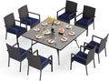 PHI VILLA 9 Pieces Square Outdoor Dining Set for 8, Large Metal Dining Table & Rattan Wicker Chairs with Cushions, Dining Furniture Set for Patio, Deck, Yard, Porch