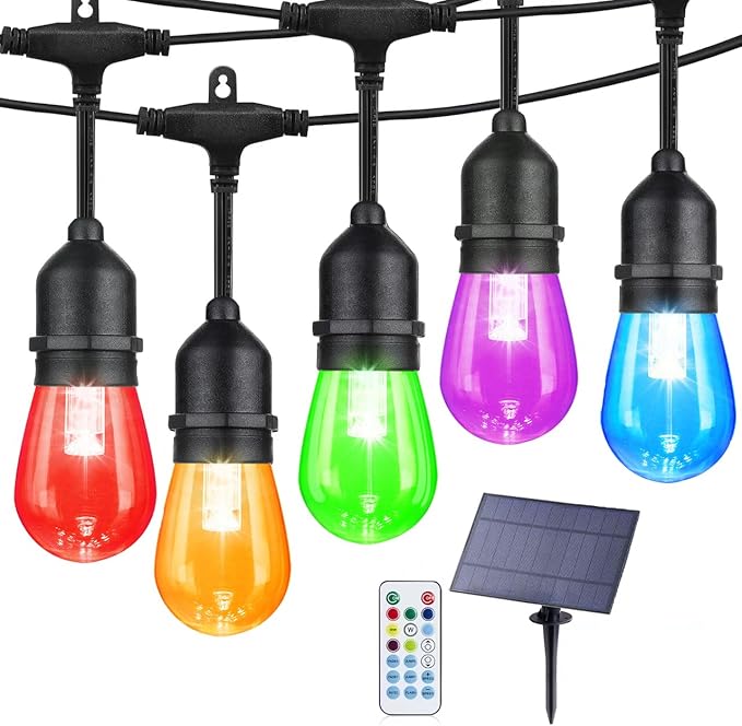 Auroraworld 24FT RGB Outdoor String Lights, Dimmable Color Changing Waterproof LED Patio Lights with Remote, 12 Shatterproof Bulbs for Garden Party Decor