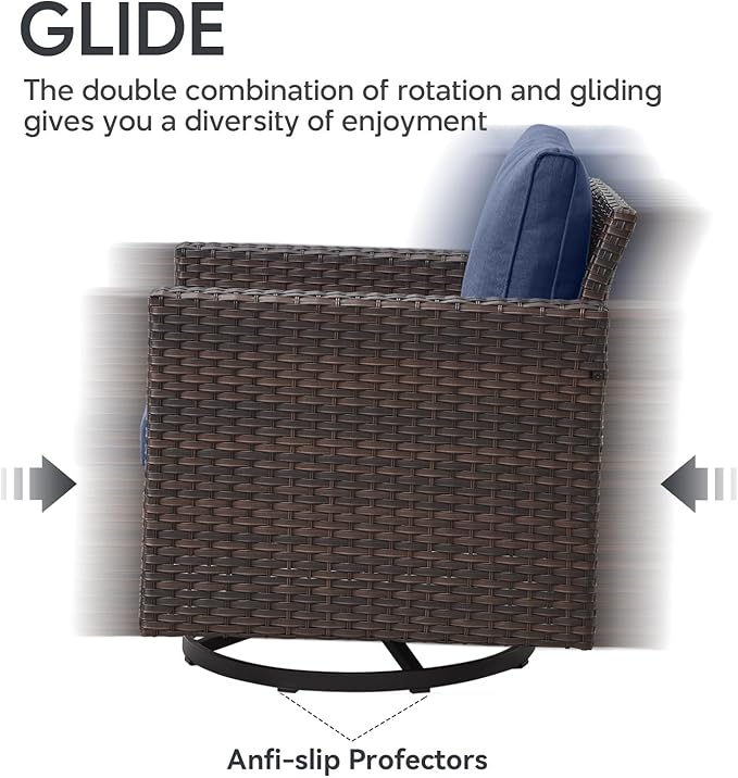 7 Piece Wicker Patio Furniture with Fire Pit Table - Outdoor Conversation Set with 50,000 BTU Fire Pit, All Weather Rattan Patio Set for Deck Backyard Garden - Brown Wicker Blue Cushion