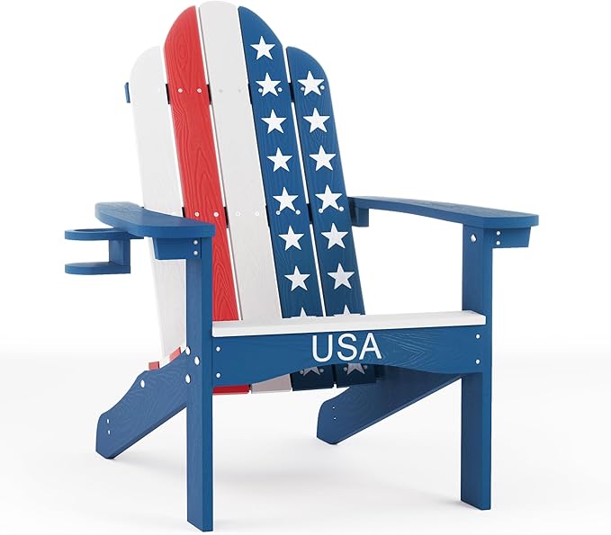 LUE BONA HDPS Adirondack Chairs Set of 6, Fire Pit Outdoor Chair Weather Resistant with Cup Holder, Modern Plastic Chair Plastic for Patio, Deck, Proch, 350LBS, Flag Blue