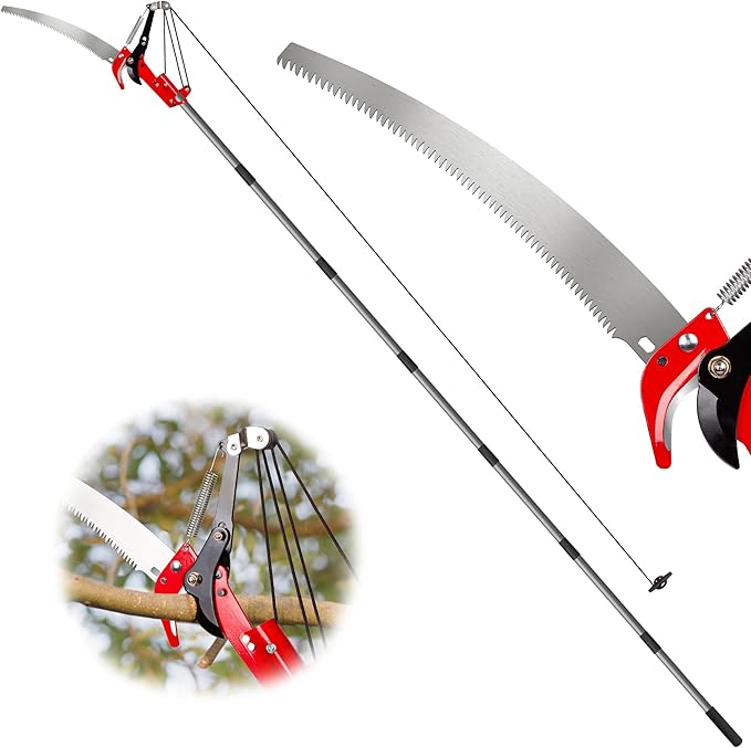 Suchtale 10ft Pole Saw, Manual Tree Pruner with Sharp Steel Blade, Trimmer with Scissors and High Strength Lightweight Handles for Pruning High Branches, Shrubs and Twigs at Forest Yard Garden Patios