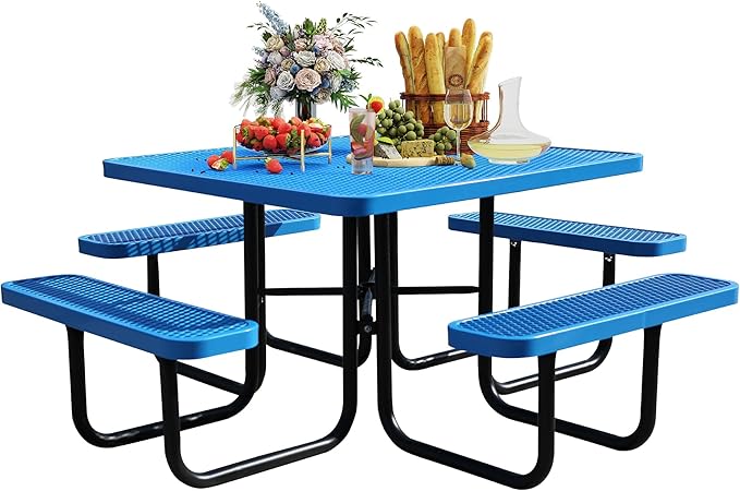 8-Person Picnic Tables for Outdoors, Industrial 46" Expanded Metal Square Picnic Table with 4 Benches & Umbrella Hole, Outside Table and Bench Set for Garden, Backyard, Porch, Patio, Blue