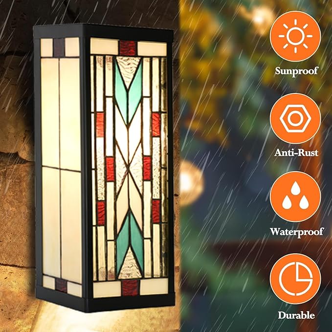 WL0004 Tiffany Style Rectangular Outdoor Wall Lights Stained Glass Corridor Wall Lamp Vintage Outdoor Balcony Aisle Hallway Wall Sconce Lighting,6" Wx 5.5" D x16 H, Bulb Included (Arrow)