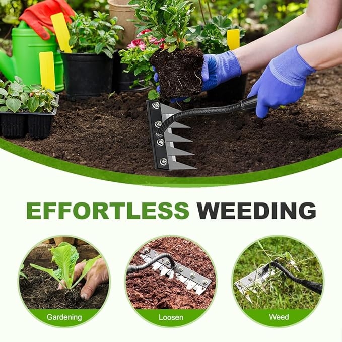 2025 Upgrade Iron Weeding Rake 2.0, 5/6/7/8 Teeth Carbon Steel Garden Weeder Rakes, Iron Rake for Yard Lawn and Garden, Heavy-Duty Garden Hand Weeder Puller Tool for Gardening and Weedings (6 Teeth)