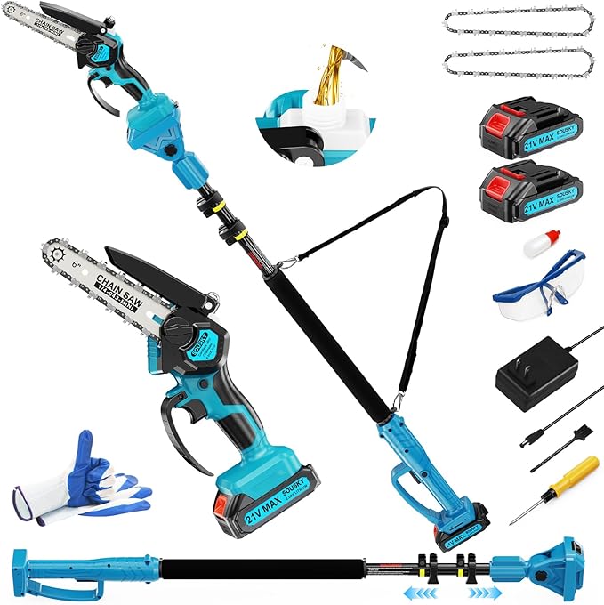 2-in-1 6 In Mini Chainsaw & Electric Pole Saw, Electric Pole Saws for Tree Trimming, 21V Cordless Battery Chainsaw Powered with 2 Batteries, Auto-oil, Chain saw for Tree Pruning/Wood Cutting