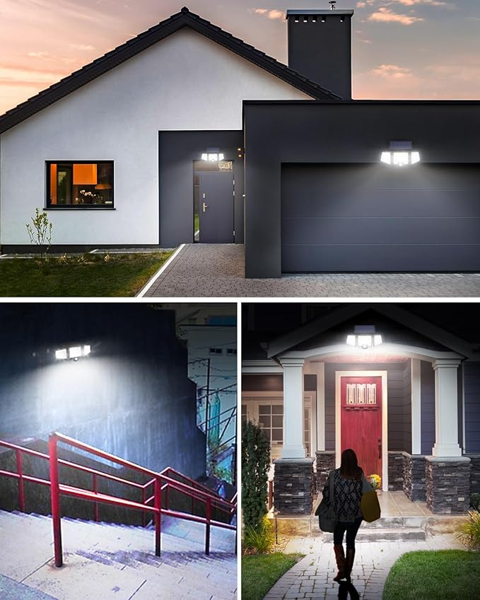 LE Solar Lights for Outside, Solar Lights Outdoor with Motion Sensor, WL4000 High Brightness, 3 Adjustable Heads 270° Wide Lighting Angle, IP65 Waterproof, Wireless Wall Lamp for Yard Garage, 2 Packs
