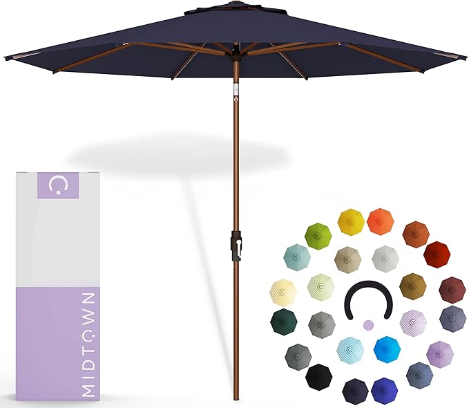 Midtown Umbrellas The Wooden 2-10 Feet Large Patio Umbrella, Terylast Navy Blue Fabric, Aluminum Frame For Backyard Umbrella, Deck Umbrella, Garden Umbrella & Pool Umbrella - Wooden Pole