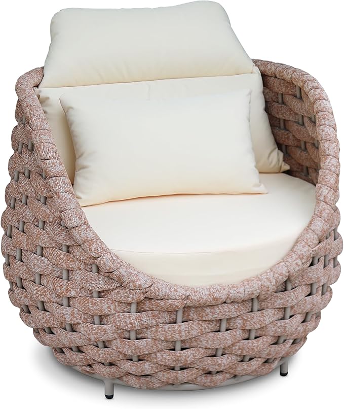 Outdoor Accent Chair: Aluminum Woven Rope Patio Chair Modern - Cushioned Single Chair Assembled - All Weather Deck Furniture for 400lbs Porch Lanai Pool Yard Balcony Garden Hotel, Terracotta