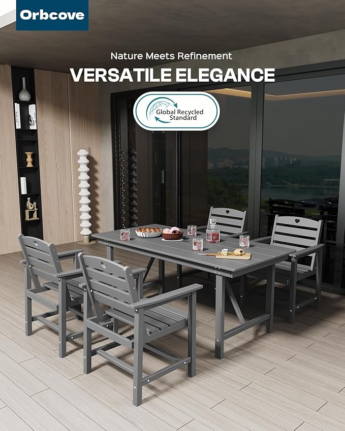 Patio Table and Chairs Set with Umbrella Hole, HDPE Patio Dining Set for 6, Outdoor Dining Set for Lawn, Patio, Porch, Deck, Poolside, Yard (Grey, 7-Piece)