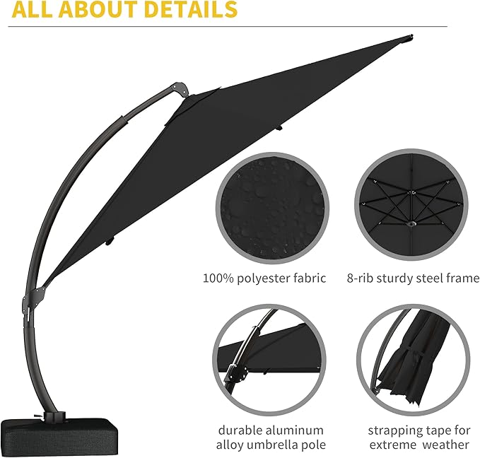 Kingdura 11ft Offset Cantilever Patio Umbrella with Base Included, Large Round Aluminum Outdoor Umbrella, 360° Rotation & Infinite Tilt, Heavy Duty Frame for Deck Pool Backyard, Black