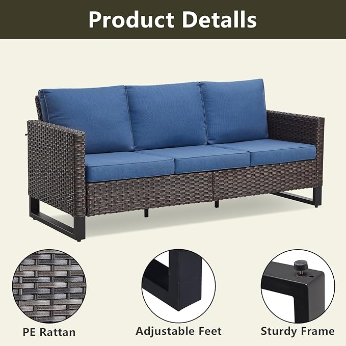 Rilyson Wicker Outdoor Patio Furniture Set - 6 Piece Patio Conversation Set with 2 Swivel Rocker Chairs,2 Rattan Ottoman,1 Couch and 1 Metal Coffee Table for Outside Porch Deck Backyard(Brown/Blue)