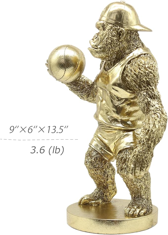 Lukitas Gorilla Playing Basketball Figurine Decor, Kingkong Statue and Sculpture Decor, Creative Decoration for Living Room Office, Golden, Resin 13.5''