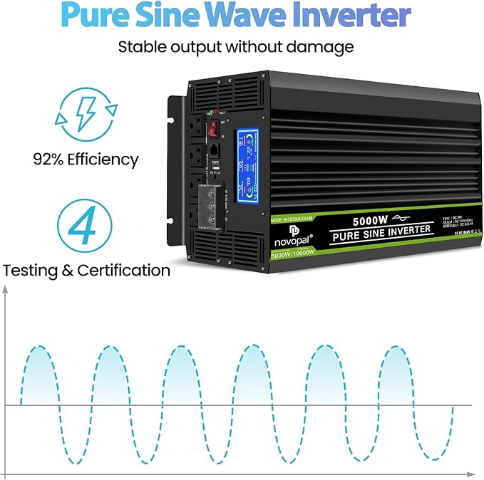 NOVOPAL 5000 Watt Pure Sine Wave Power Inverter DC 24V to AC 110V 120V Rv Inverters with 1 USB Port-16 feet Remote Control, LCD Display for Truck, Hurricane, Home